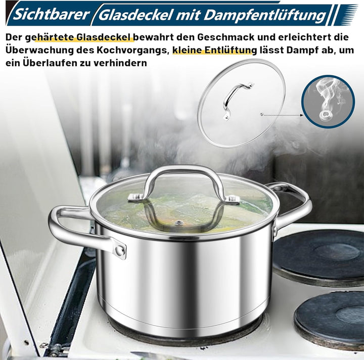 TEAMFAR Kochtopf, 4,7L Edeastahl Topf Suppentopf Induktion mit Glasdeckel, aus 3-Lagen Boden für all
