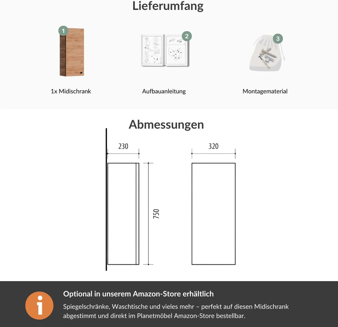 Planetmöbel Bad Midischrank in Gold Eiche 32cm, Hängeschrank für Badezimmer, Kleiner Badschrank für