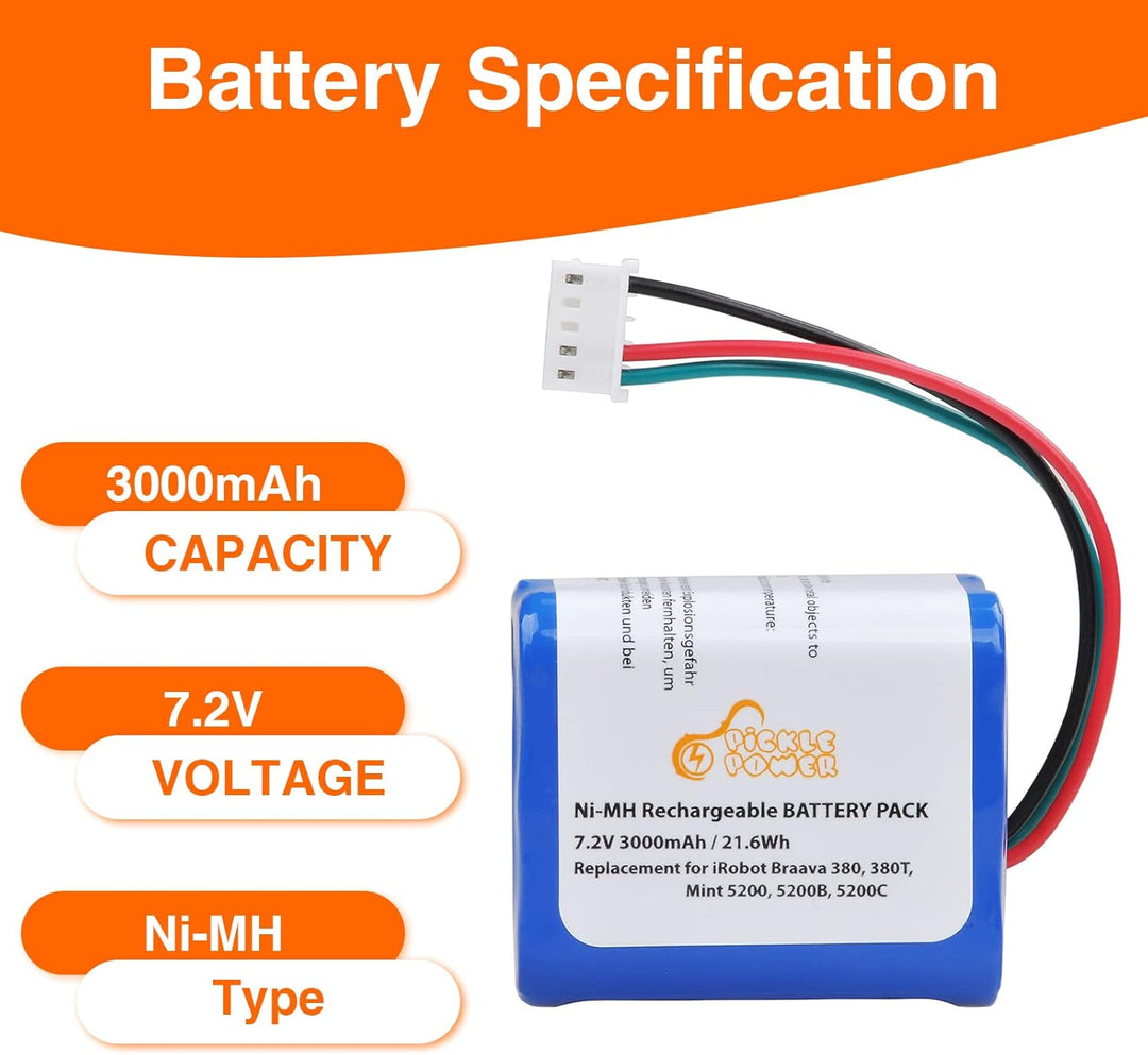 Pickle Power 7.2V 3000mAh NI-MH Akku für iRobot Braava 380T, 380, 390T, Mint 5200, 5200B, 5200C Stau