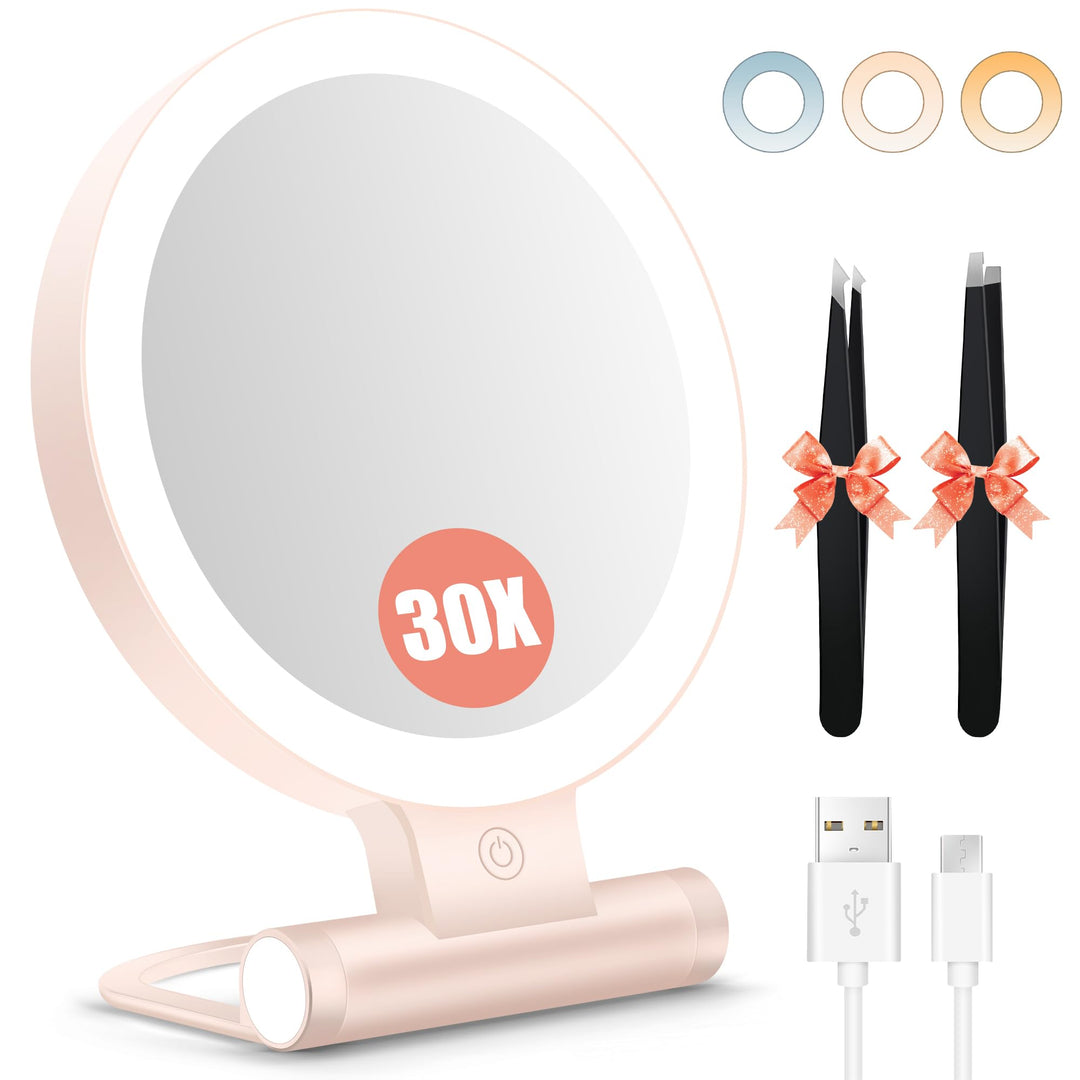 Schminkspiegel mit Beleuchtung,Doppelseitiger1X/30X Vergrösserungsspiegel mit Licht, 2000mAh 3 Farbe