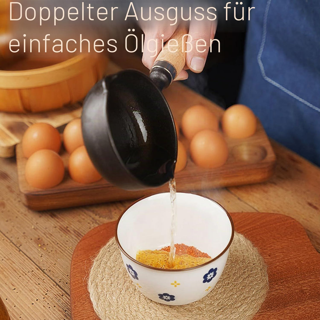 Gusseisen Schmelztopf, 11cm Mini Antihaft Topf Gusseisen, Pfanne Eier Bratpfanne mit Holzgriff, Öl H