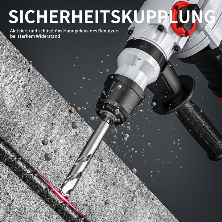 Bohrhammer SDS Plus 1500W, 4 in 1 Funktionen, Anti-Vibrationsgriff und Sicherheitskupplung, Mit Zube