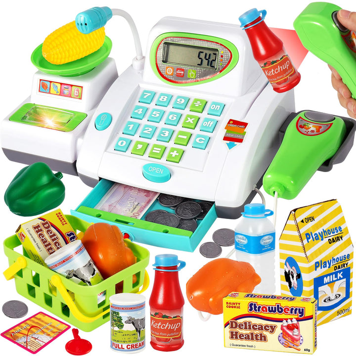 HERSITY Kaufladen Kasse Spielzeug, Registrierkasse Kinder mit Scanner Mikrofon, Grosse Spielkasse 31