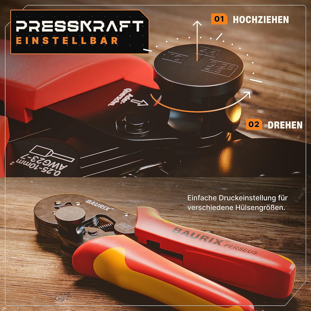 BAURIX® Crimpzange mit 2000 Aderendhülsen Set I Aderendhülsenzange mit Kraftregler [Für 0,25-10mm²]