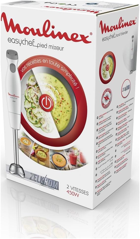 Moulinex Easychef DD4511 Stabmixer, 450 W, 2 Geschwindigkeiten, Zelkrom-Klingen, Weiss Weiss / Rostr
