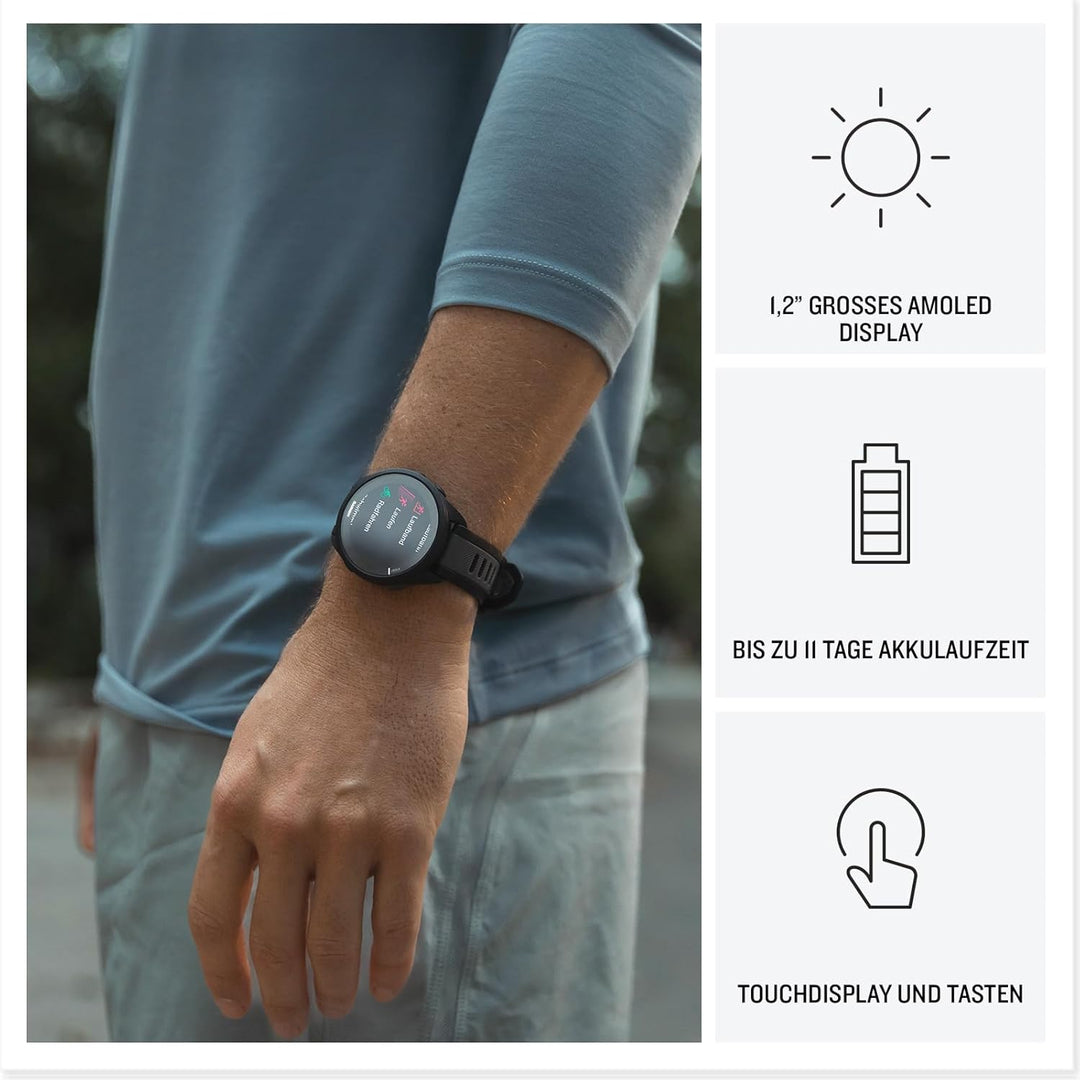 GARMIN Forerunner 165, leichte GPS Smartwatch zum Laufen, mit AMOLED Touchscreen, Trainingsempfehlun