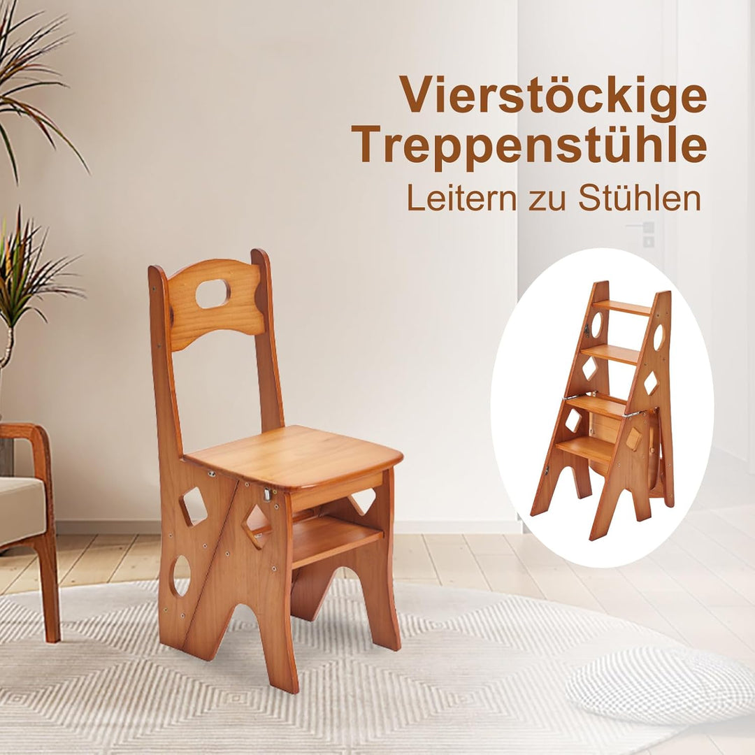Tritthocker 4 Stufen, Leiterstuhl Trittstuhl Klappbar, Leiterstuhl Holz 4 Stufen, Trittleiter aus Ma