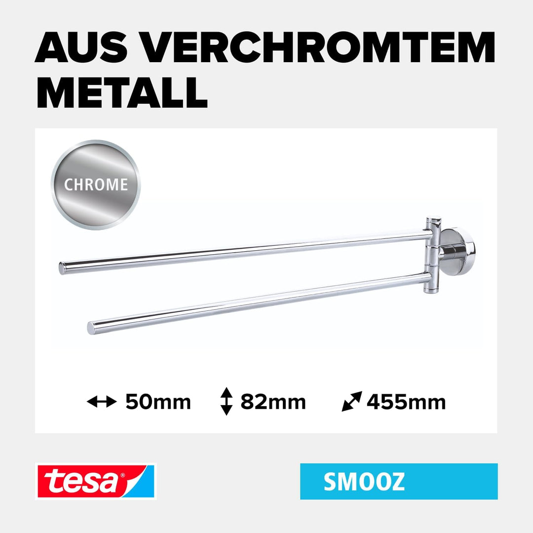 tesa SMOOZ Bad Handtuchhalter, 2-armig und schwenkbar, verchromt - zur Wandbefestigung ohne Bohren,