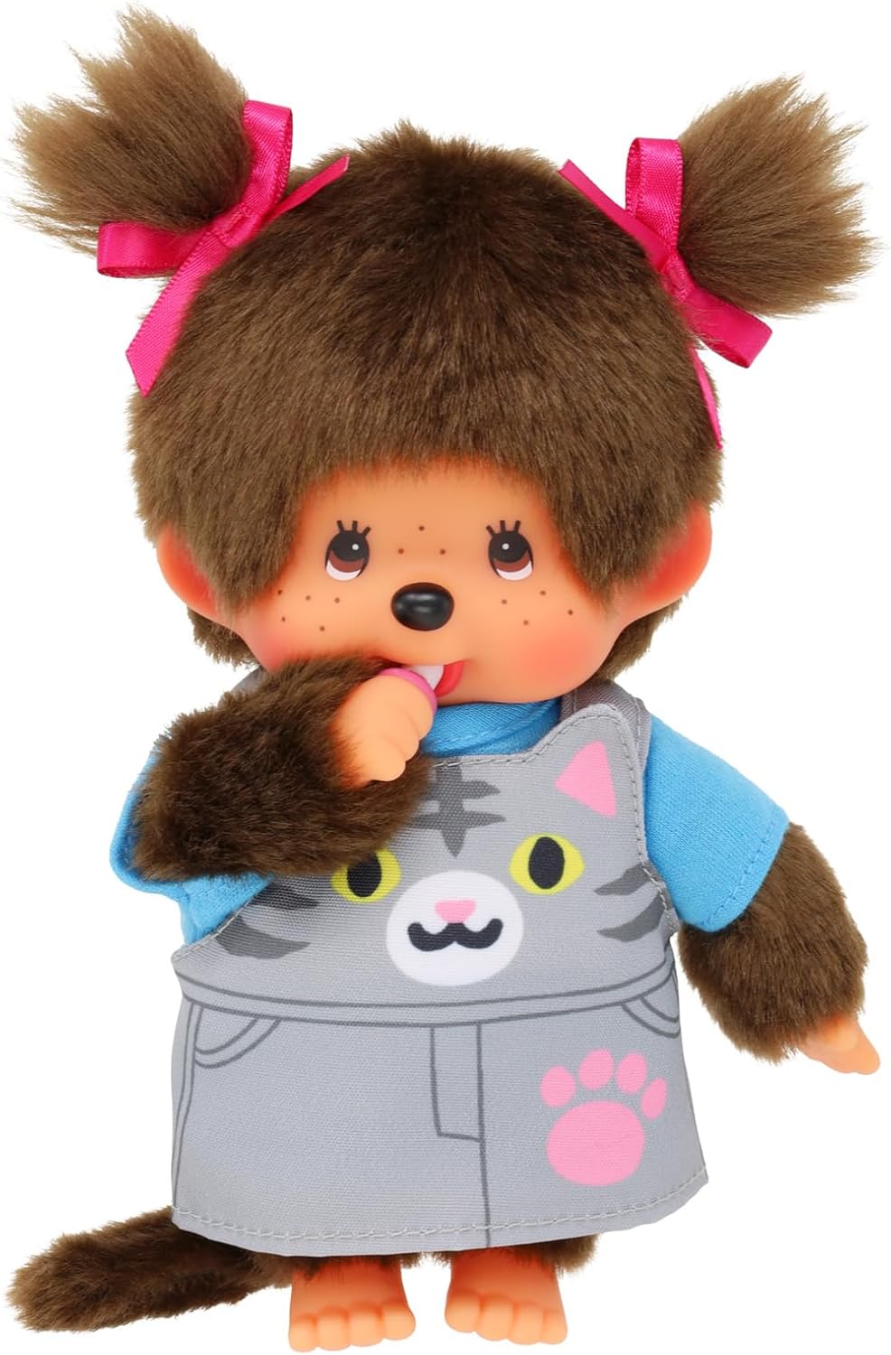 Sekiguchi 203895 - Original Monchhichi Mädchen mit Latzkleid und Katzengesicht, ca. 20 cm grosses Ku