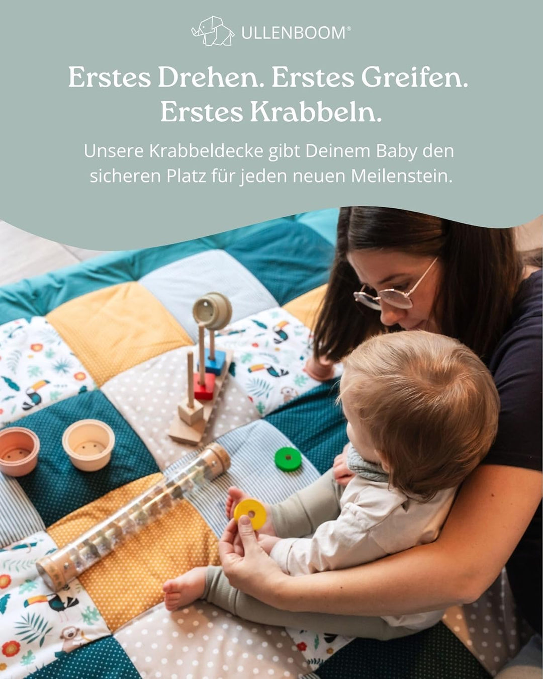 ULLENBOOM ® Baby Krabbeldecke 120x120 cm gepolstert Dschungel (Made in EU) - Krabbeldecke für Baby m