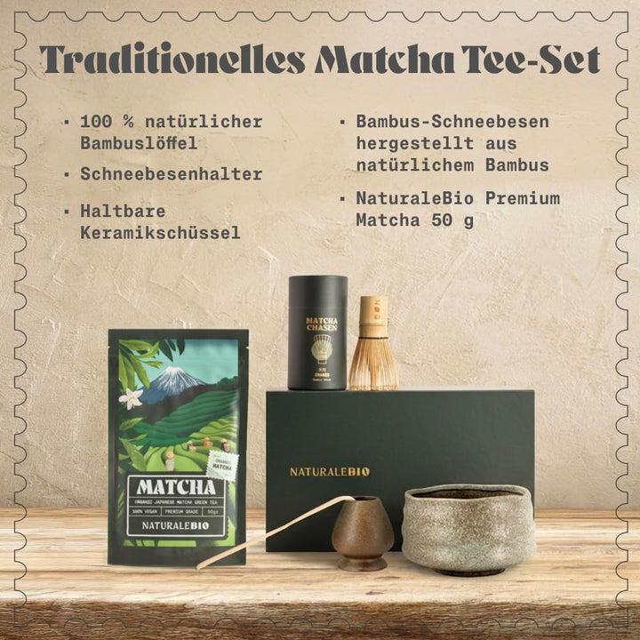 NaturaleBio Traditionelles Matcha-Set mit japanischem Matcha-Pulver in Premium-Qualität 50g, Bambusb