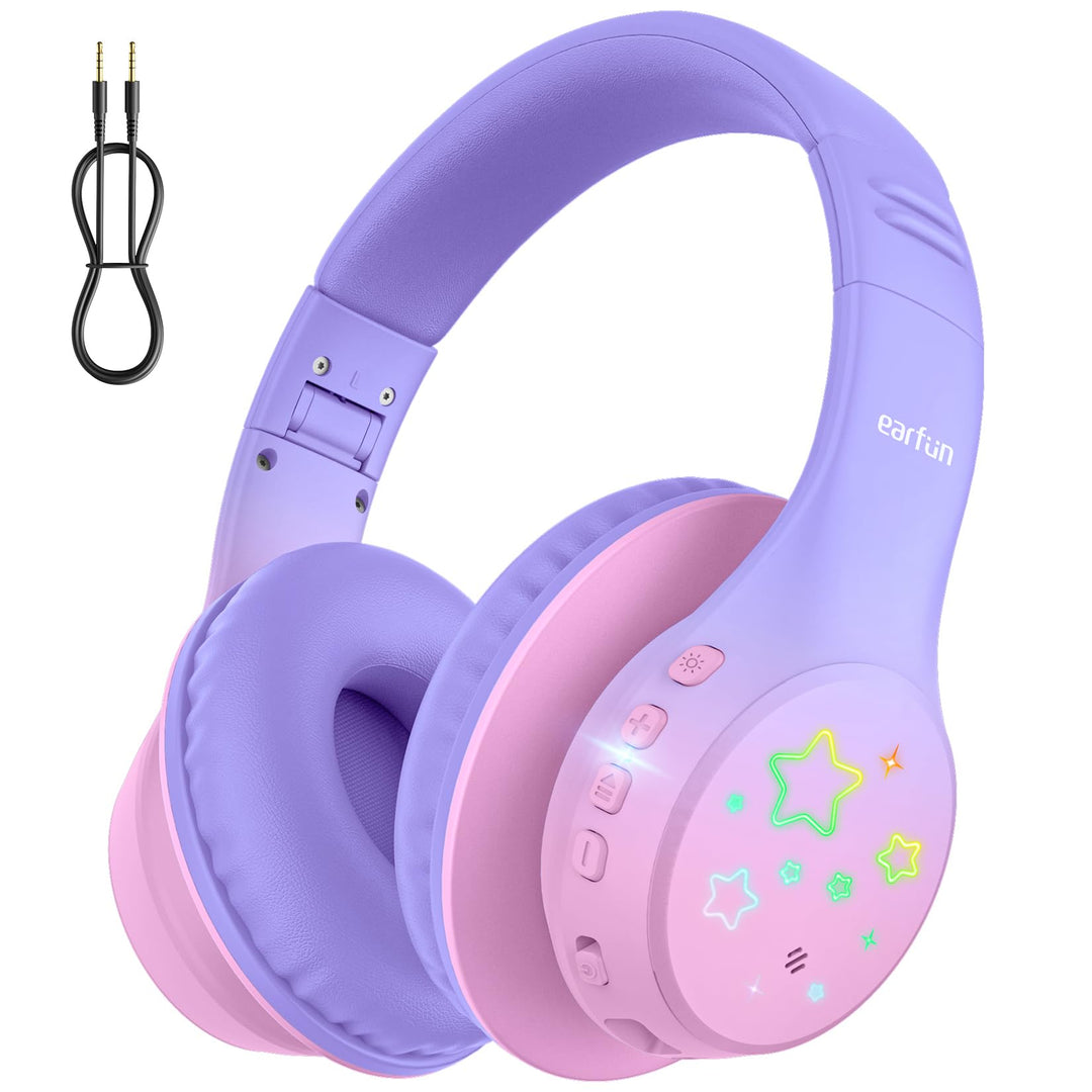 EarFun Bluetooth Kopfhörer Kinder, 5 LED-Beleuchtungsmodi, 74/85/94 dBA Lautstärkebegrenzung, 90 Std
