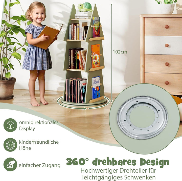 COSTWAY Kinderbücherregal 360° drehbar, Kinder Bücherkarussell 4 Ebenen in Baumform, Ø48 x 102 cm fr