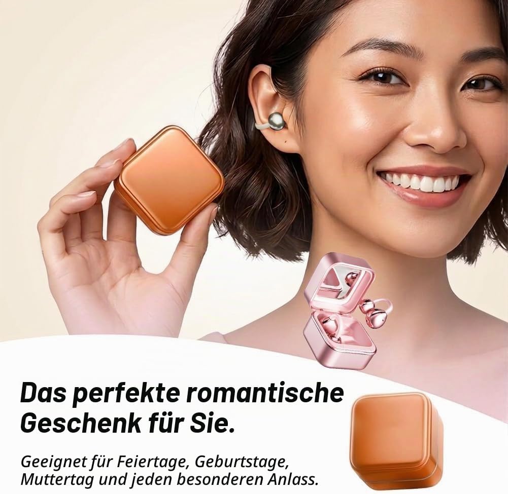 Bluetooth-Ohrhörer zum Aufclipsen mit Ladecase und kleinem Kosmetikspiegel, Bluetooth 6.0, Knochenle