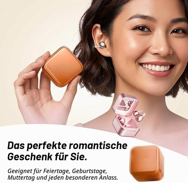 Bluetooth-Ohrhörer zum Aufclipsen mit Ladecase und kleinem Kosmetikspiegel, Bluetooth 6.0, Knochenle