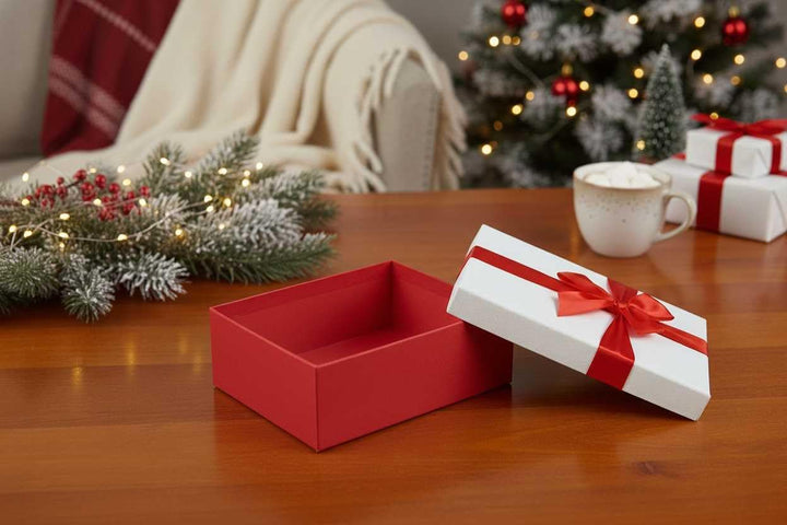 Emartbuy Starre Geschenkbox, 38 x 27 x 10 cm, strukturierte rote Box mit weissem Deckel, braune Inne