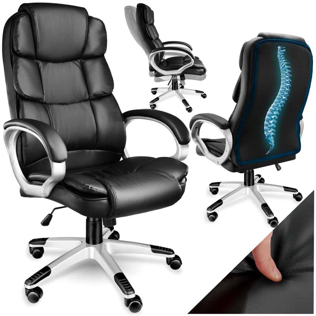 tectake® Chefsessel, Bürostuhl mit 12 cm Polsterung, Schreibtischstuhl mit Armlehnen & Wippfunktion,