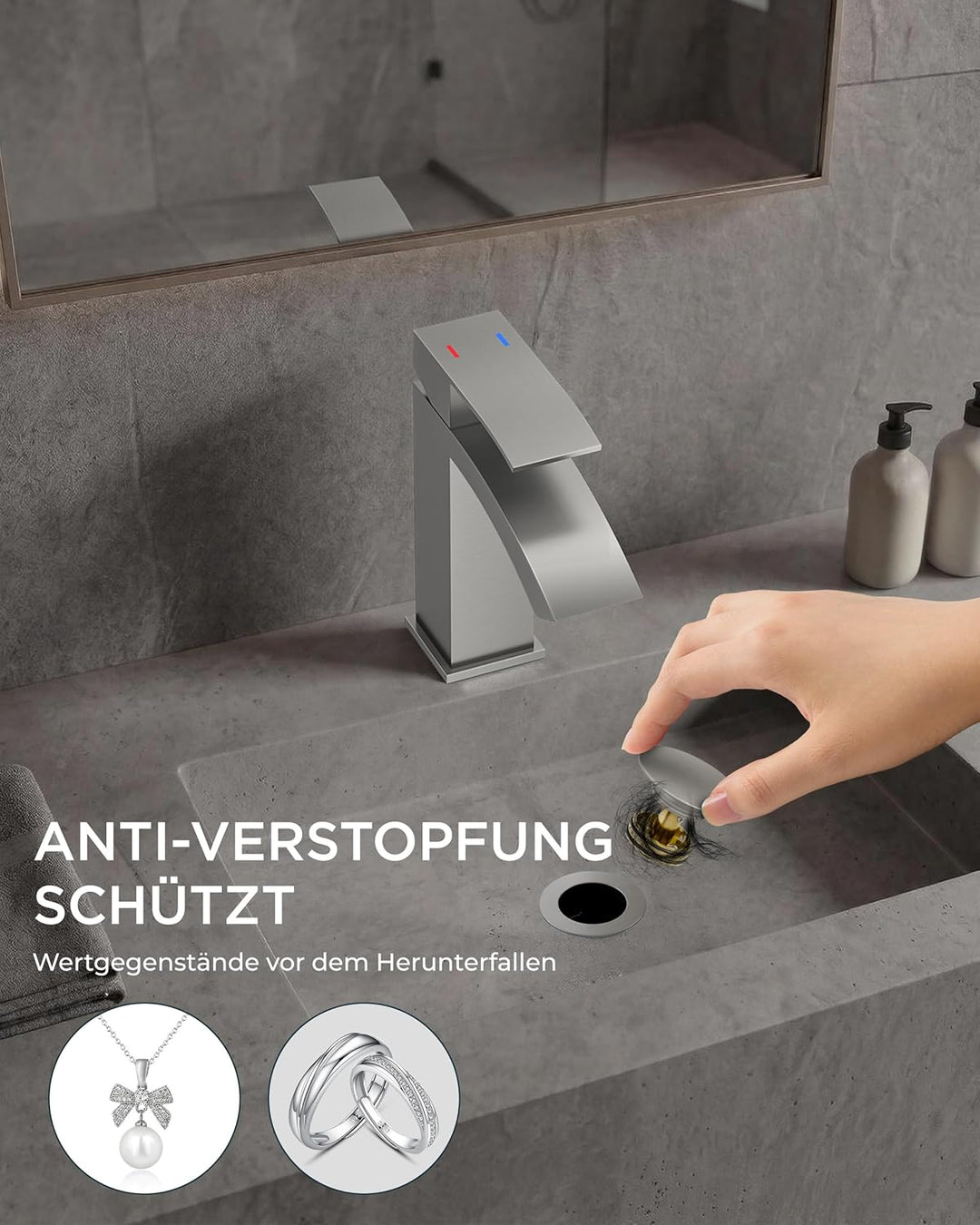 FORIOUS Wasserhahn Bad mit Ablaufgarnitur, Wasserfall Waschtischarmatur mit Auslauf Höhe 100 mm, Mis