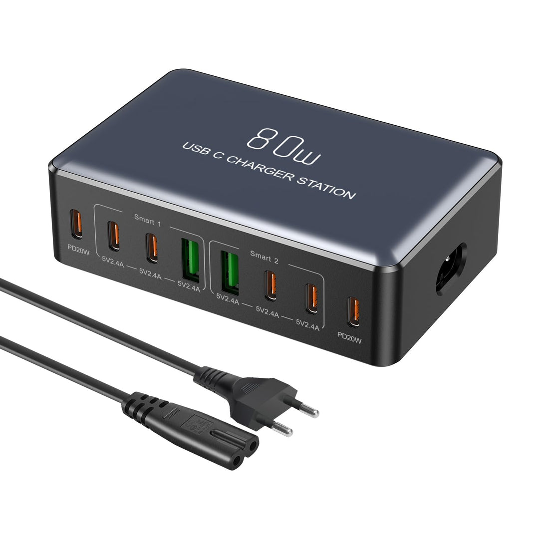 KitBox Mehrfach USB C Ladegerät Handy Schnellladegerät 70W Multi Ladestation mit 6* USB-C und 2* Min