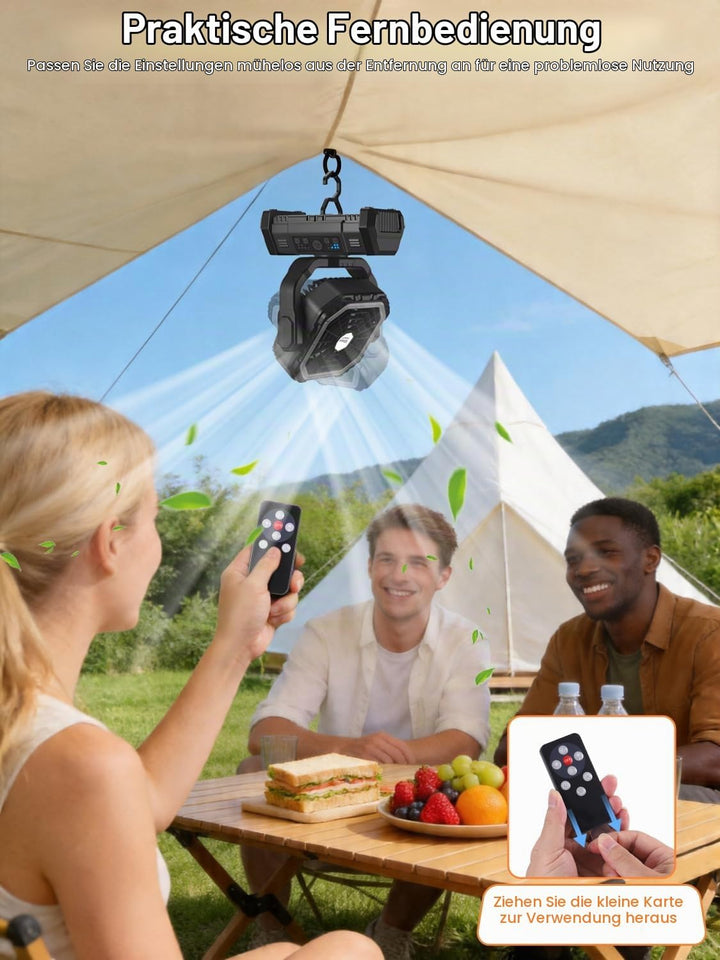 Wiederaufladbarer Camping Ventilator mit Auto-Schwenk &amp; Fernbedienung | 30000mAh Akku betriebener Ze