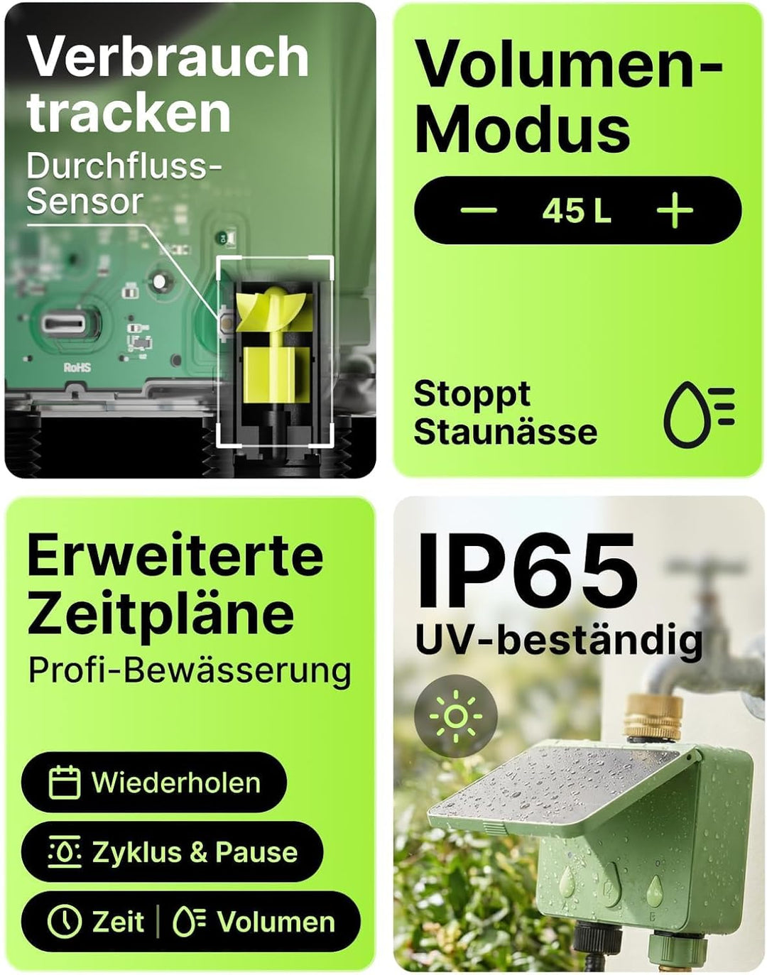 Solar WLAN Bewässerungscomputer für Garten, 2-Wege Smart Bewässerungsuhr mit Durchflussmesser, Kein