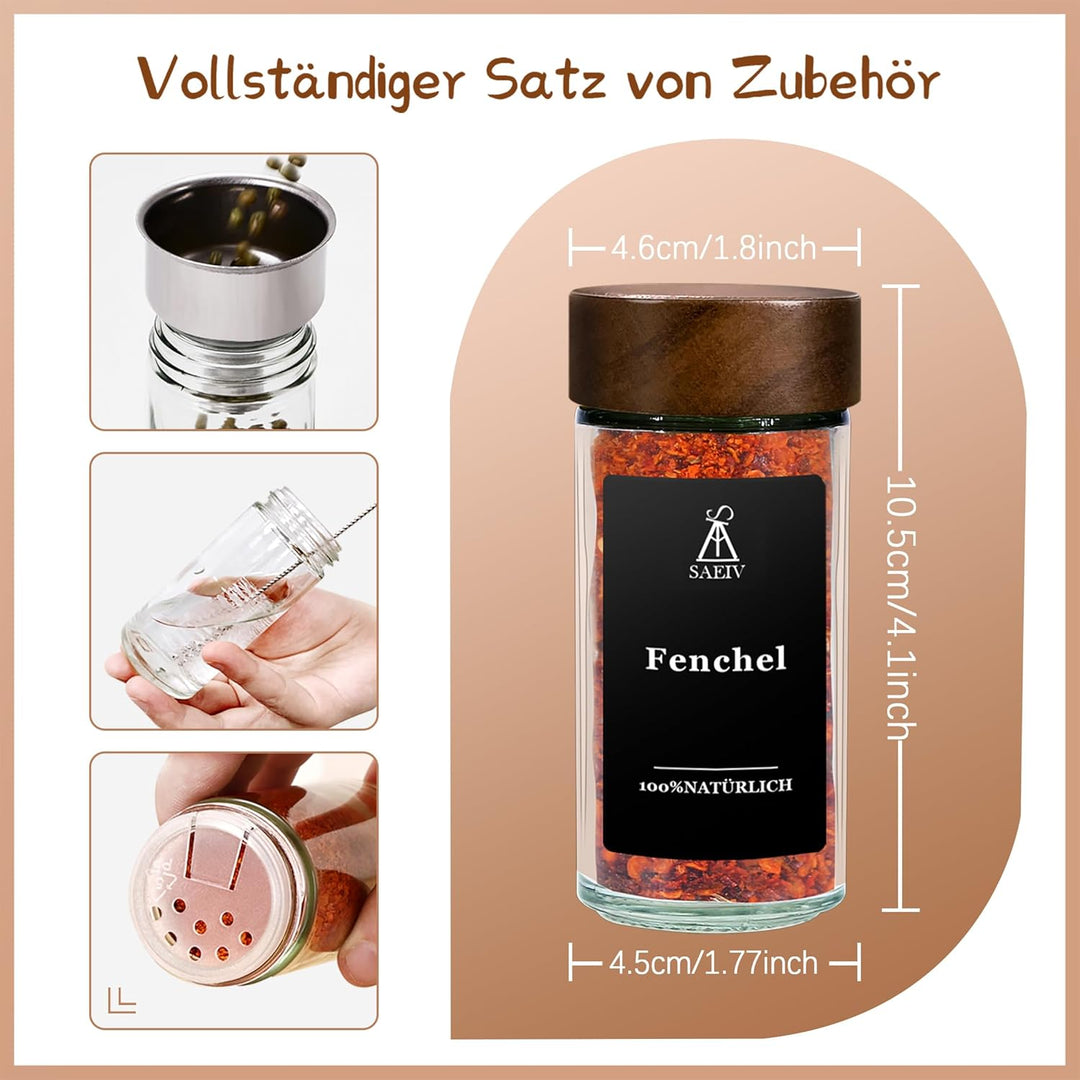 SAEIV Gewürzbehälter mit Natürliche Akazienholzabdeckung, mit Etikett Gewürzdosen Glas, Gewürzstreue