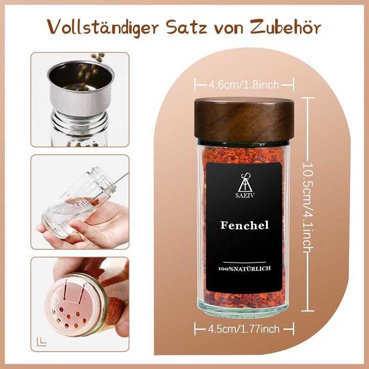 SAEIV Gewürzbehälter mit Natürliche Akazienholzabdeckung, mit Etikett Gewürzdosen Glas, Gewürzstreue