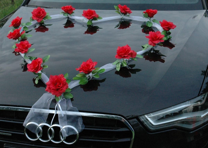 Organza Herz Auto Schmuck Braut Paar Rose Deko Dekoration Autoschmuck Hochzeit Car Auto Wedding Deko