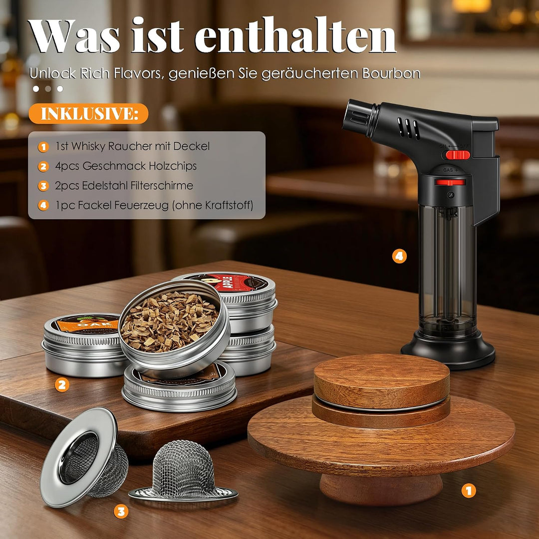 Whisky Räucher Set mit Sturmfeuerzeug, 2 Edelstahlfiltern &amp; 4 Geschmack-Holzspäne, Hochwertiges Sape