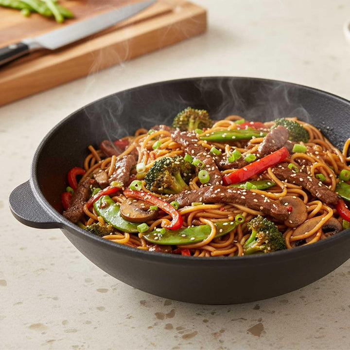 BIG-PAN Wokpfanne Gusseisen 30 cm, 4,7 L für alle Herdarten inkl. Induktion Asia Wok Bratpfanne Schm