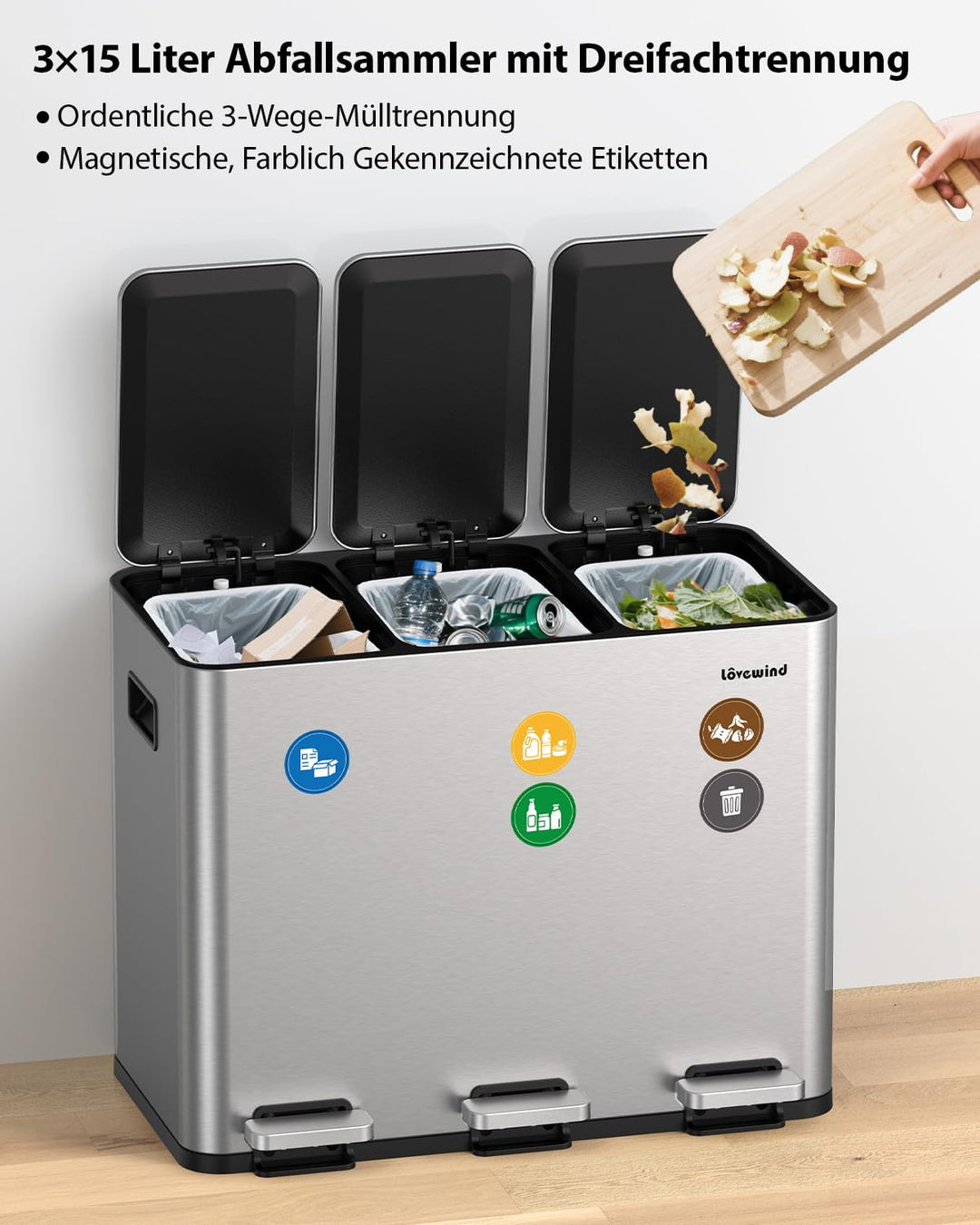 lovewind Mülleimer, 3 x 15 l Recyclingeimer, 3-Fach-Mülleimer für Recycling und Abfall, inklusive ma