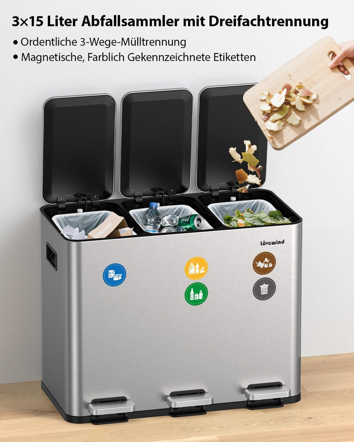 lovewind Mülleimer, 3 x 15 l Recyclingeimer, 3-Fach-Mülleimer für Recycling und Abfall, inklusive ma
