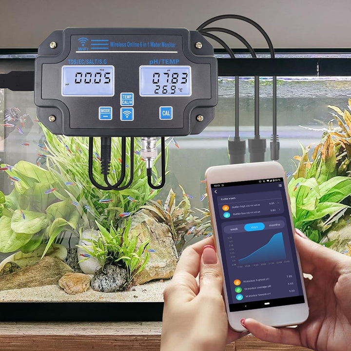 WLAN-Wasserqualitätstester, 6-in-1-pH-Monitor, misst pH/EC/TDS/Salzgehalt/spezifisches Gewicht und T