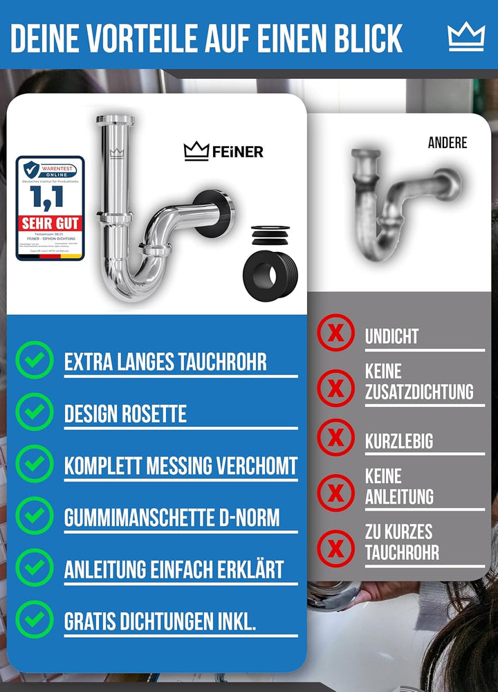 FEINER® Universal Siphon Waschbecken aus Chrom 1 1/4" Komplettset alles dabei, Tauchrohr 2-12 cm Höh