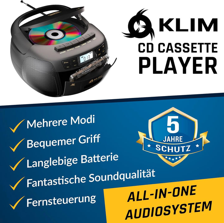 KLIM CD Player mit Kassette, Kassettenspieler, Kassettenrekorder, Radio mit CD und Kassette, CD Play
