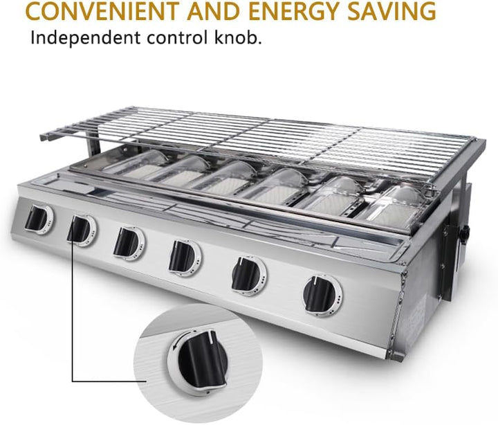 6 burner BBQ grill Outdoor Smokeless LPG Gas grill Stainless Steel Glass Shield Net Size 78cm*25cm A