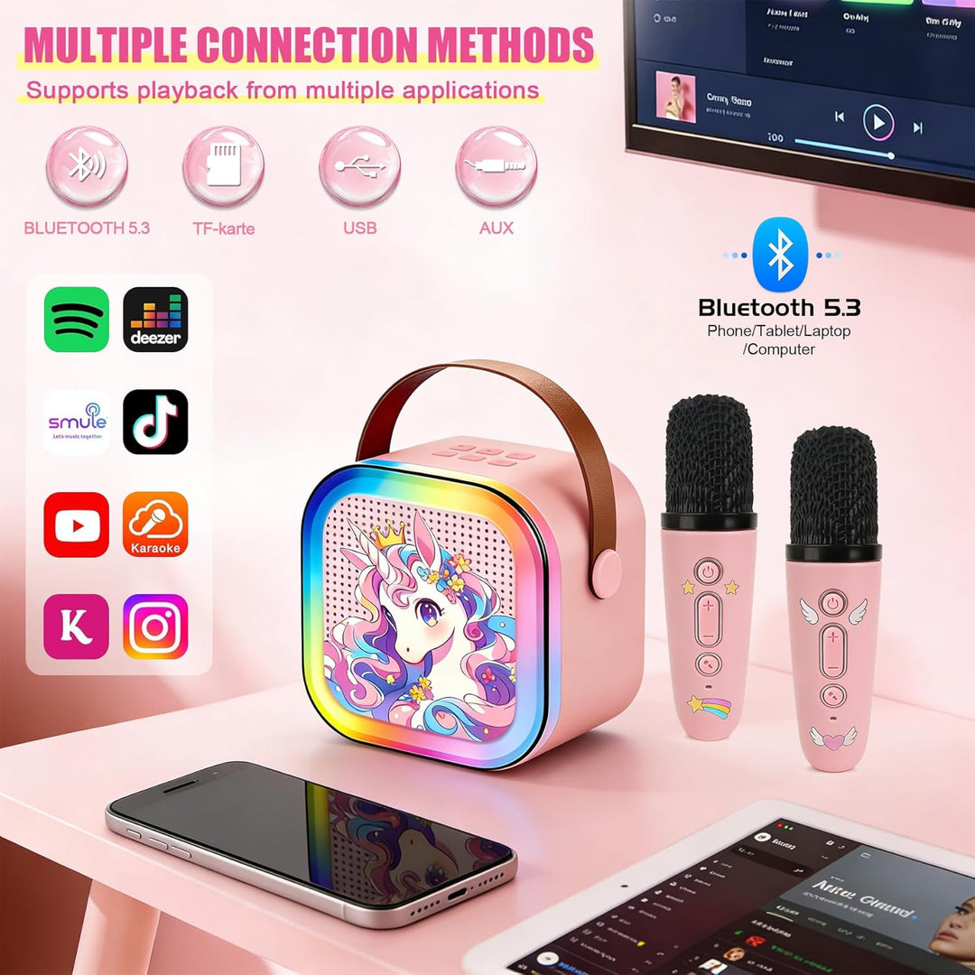 Karaoke Maschine Kinder Mit 2 Mikrofonen, Tragbarer Wiederaufladbar Bluetooth, Bunte LED Lichter, AU