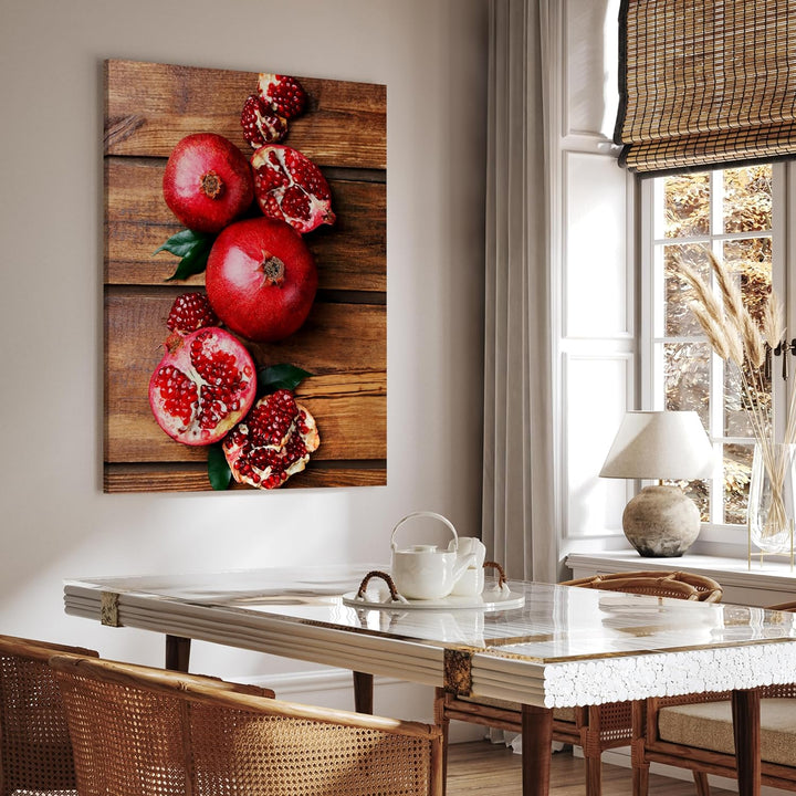 wandmotiv24 Obst & Gemüse als Leinwandbild, 60x45cm, Hochformat, Granatapfel, Holztisch, Küche, Lebe