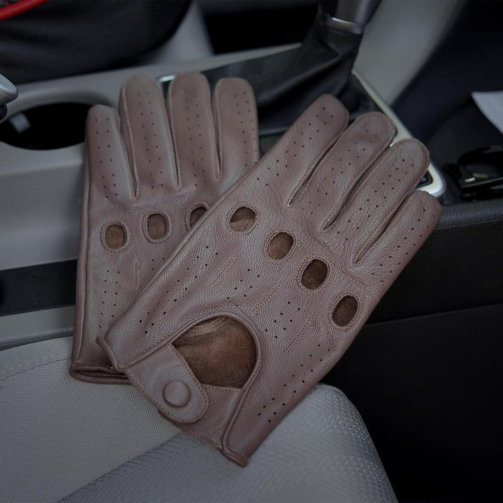 Leatherick Autofahrer Handschuhe Herren – Weiche, Perforierte Fahrhandschuhe mit atmenden Fingerknöc