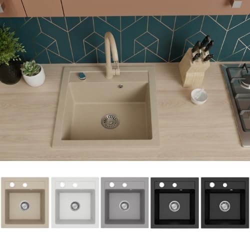 Faizee Home | Spülbecken Granit Beige 49x52 cm | Hochwertige Küchenspüle &amp; Einbauspüle | Eckiges Spü