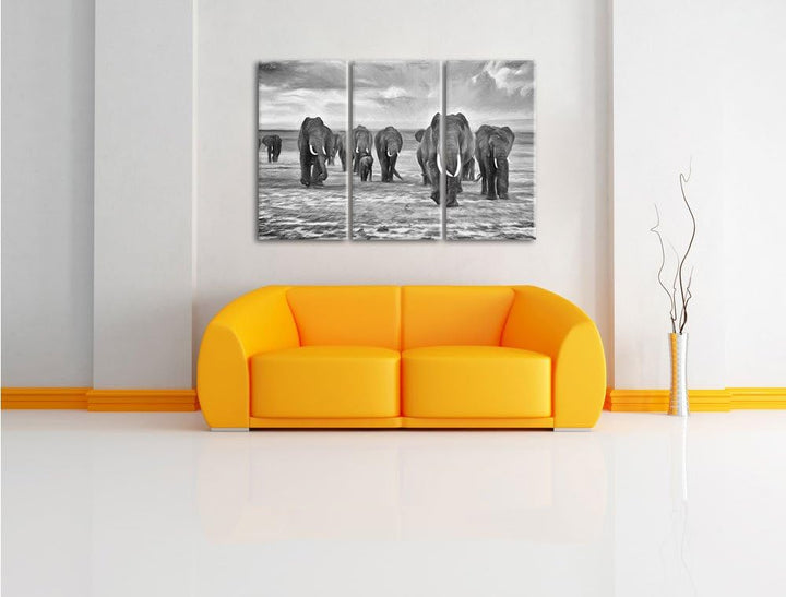Pixxprint Elefanten Familie in der Savanne / 3-Teilig/Gesamtmass 120cm Leinwandbild bespannt auf Hol