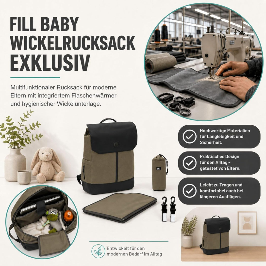 FILL Baby Wickelrucksack Exklusiv | Grosse Wickeltasche Mama Rucksack mit Flaschenwärmer und Wickelu