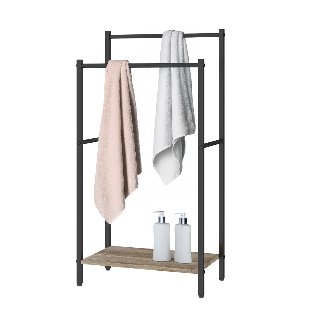 Relaxdays Handtuchständer mit Ablage, HxBxT: 81,5x42x24 cm, Holzoptik, 2 Stangen, Handtuchhalter ste