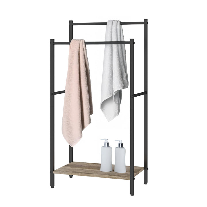 Relaxdays Handtuchständer mit Ablage, HxBxT: 81,5x42x24 cm, Holzoptik, 2 Stangen, Handtuchhalter ste