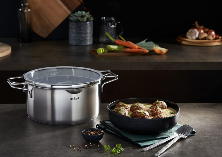 Tefal Nordica H852S655 Kochtopf, 6-teilig, 18/20/24 cm, Edelstahl + Glasdeckel, Ausgiesser, einfache