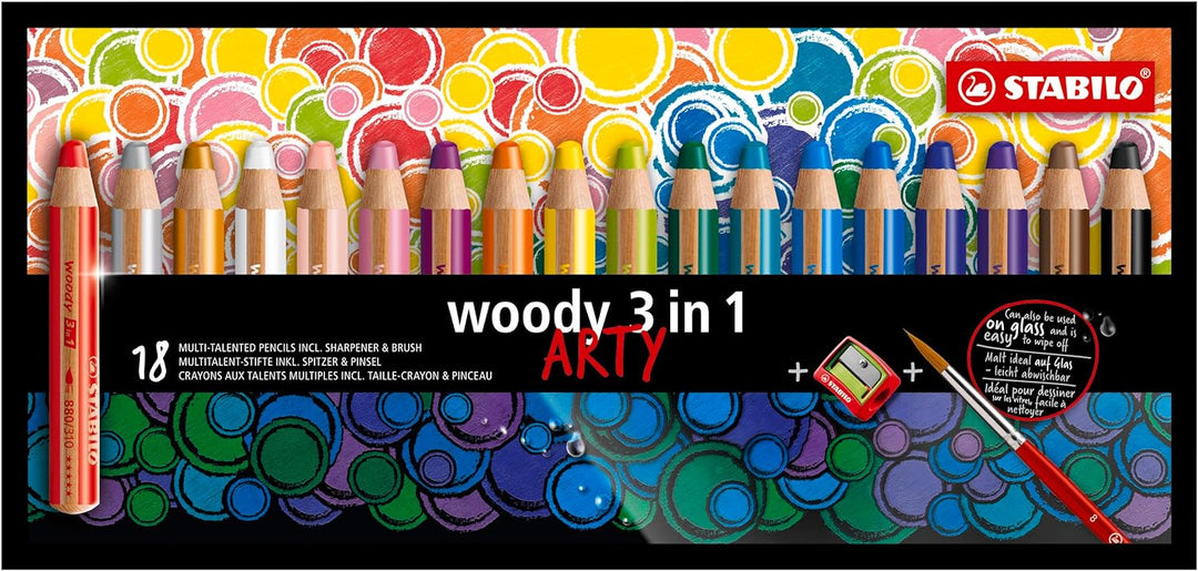 Buntstift, Wasserfarbe & Wachsmalkreide - STABILO woody 3 in 1 - ARTY - 18er Pack mit Spitzer und Pi