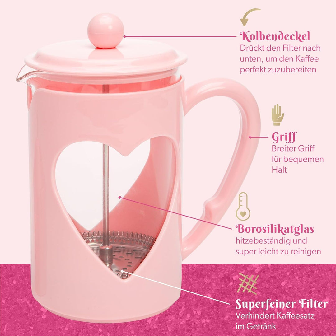 Paris Hilton – French Press im Herzdesign 1L – Kaffeepresse aus Glas und Kunststoff mit Edelstahlfil