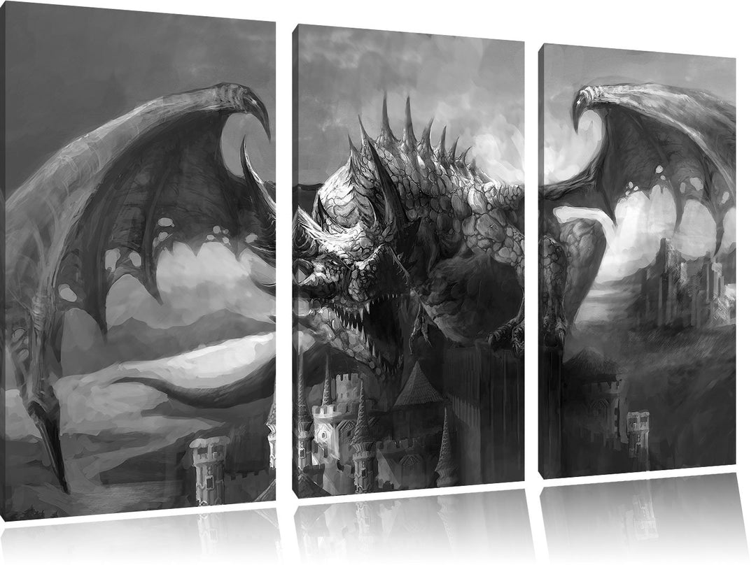 Pixxprint Drache auf der Festung als Leinwandbild | Grösse: 3 Teilig (120x80) | Wandbild| Kunstdruck