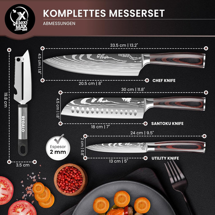 Küchenmesser Set von Küchenmessern: Chefmesser 8”, Santoku Messer 7”, Allzweckmesser 5” und Kartoffe