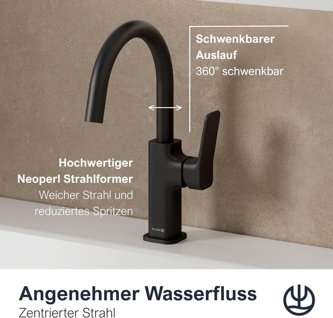 KLUDI-X3 Waschtischarmatur, 360° schwenkbar, Auslaufhöhe 180 mm, wassersparender Wasserhahn Bad Schw